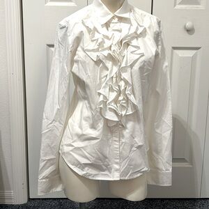 Lauren by Ralph Lauren White Ruffle Button down Top